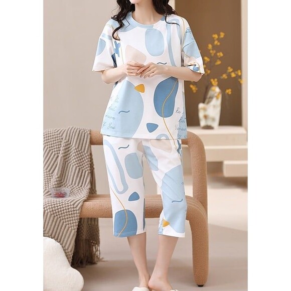 Cotton Women's Capri Pajama Set 2 Pcs Short Sleeve Top Capris pants Loungewear - Picture 5 of 9